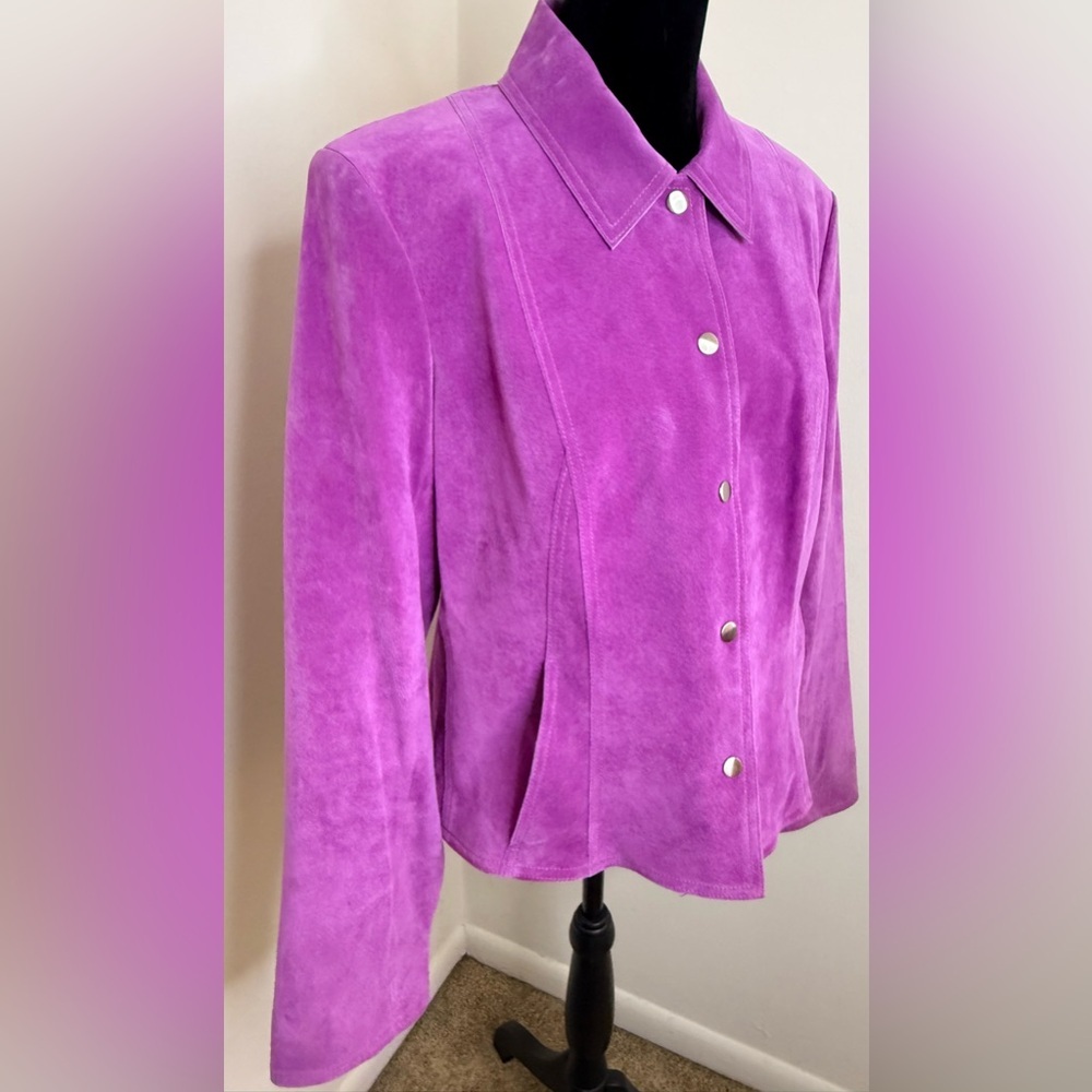 Vintage Anne Klein pink purple suede moto jacket snap close collar pockets 14 EC - Picture 5 of 10